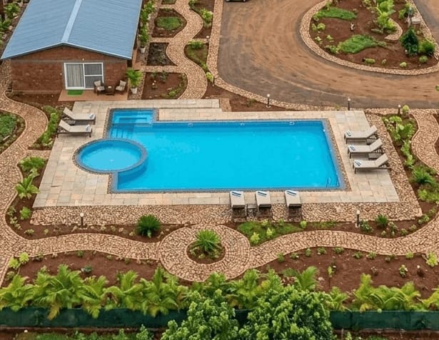 The pool and cottages seen from above