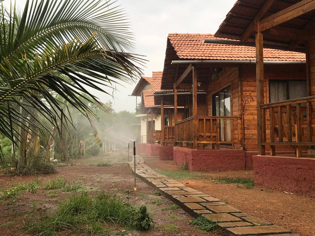 Misty morning along a row of wooden cottages