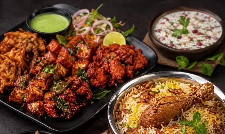 A spread of tandoori chicken, biryani and raita