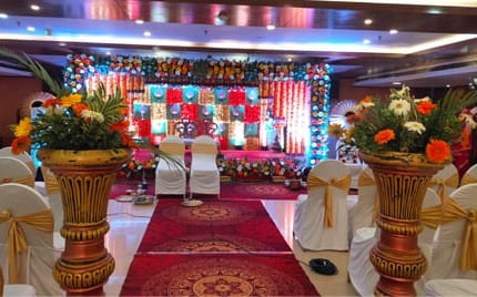 A wedding mandap set up in the banquet hall