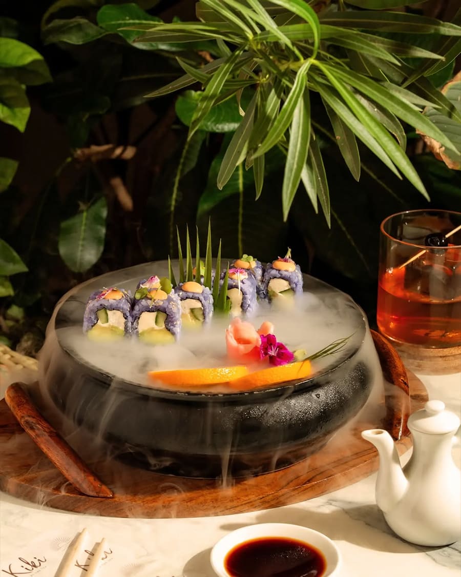 Sushi served over dry-ice smoke