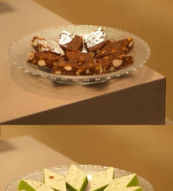 Kaju fudge and kiwi burfi plated on glass