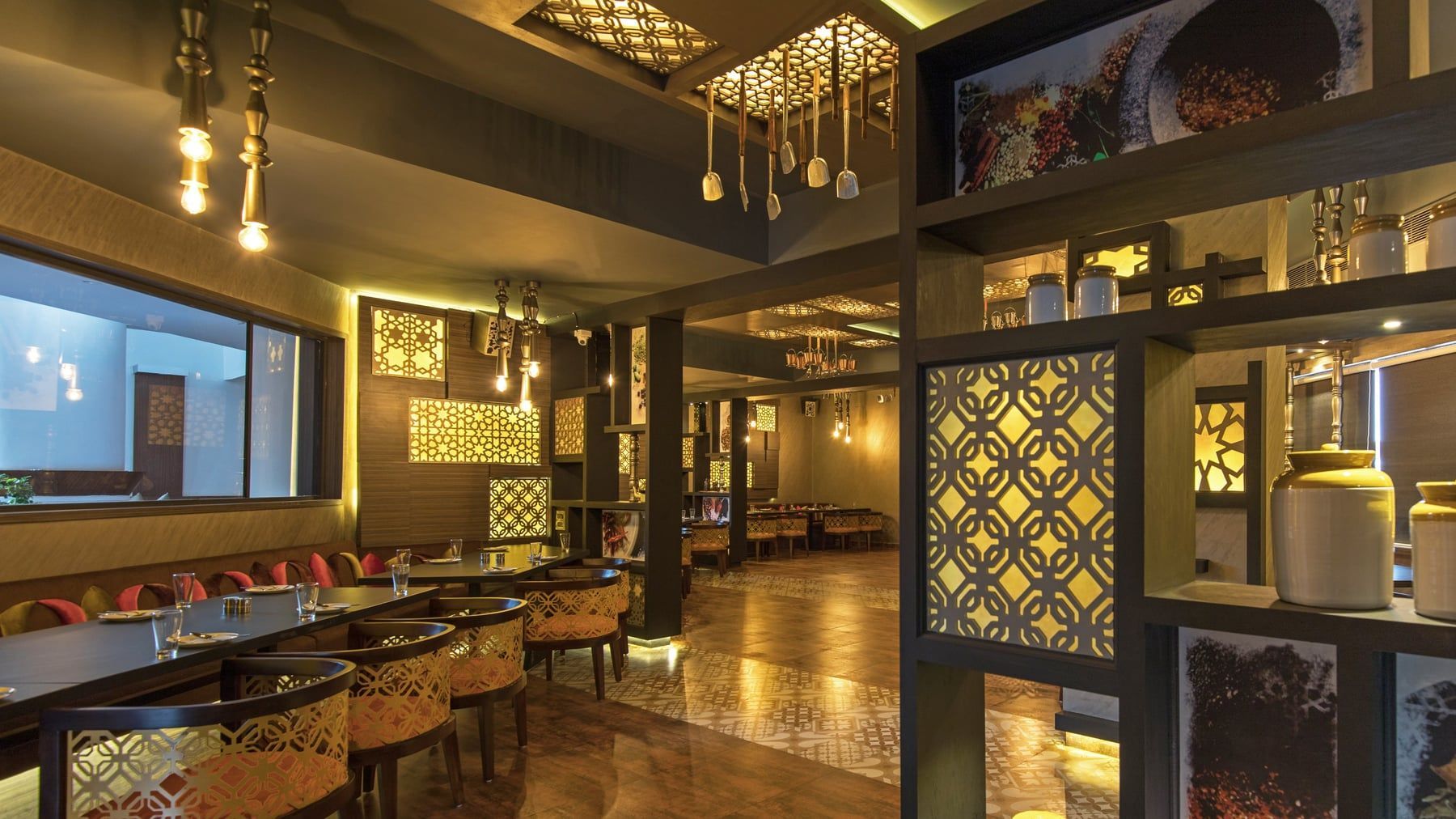 Masala Room booths under jaali panels