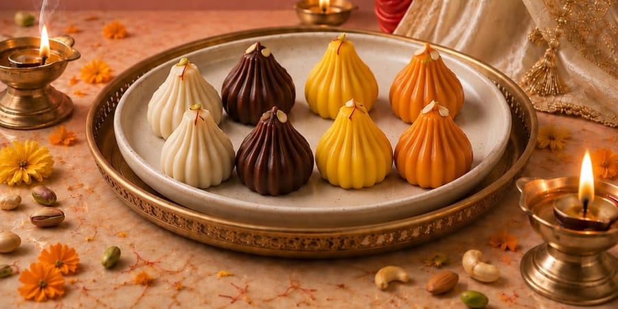 A brass plate of modaks with diyas