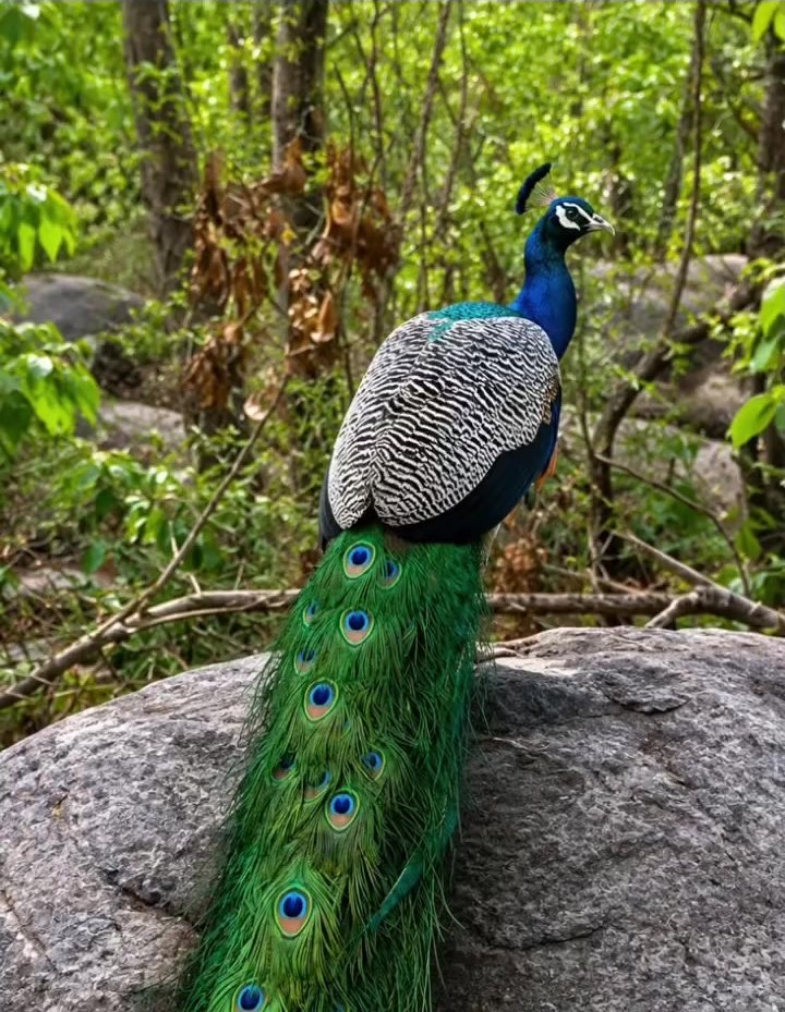 A peacock perched on a rock in the green forest