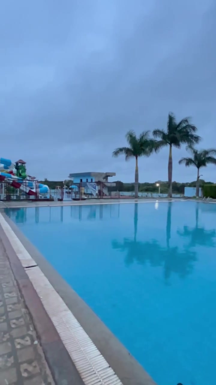 The pool by day under a cloudy sky, lined with palms