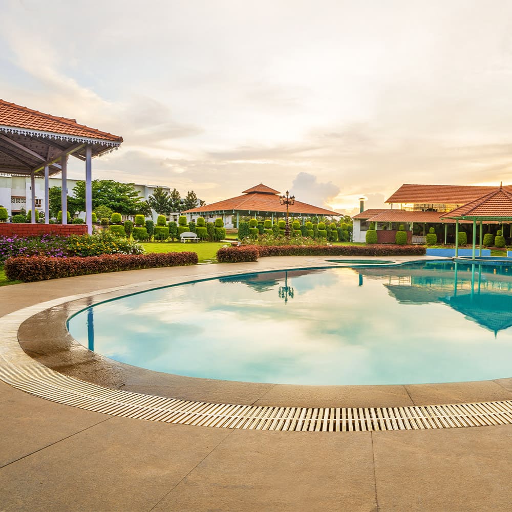 The pool and lawns on a clear morning