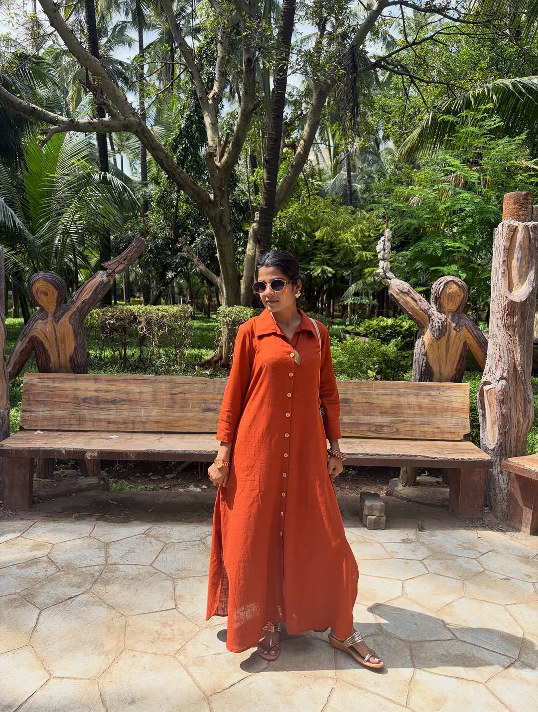 Rust shirt dress on a park bench backdrop