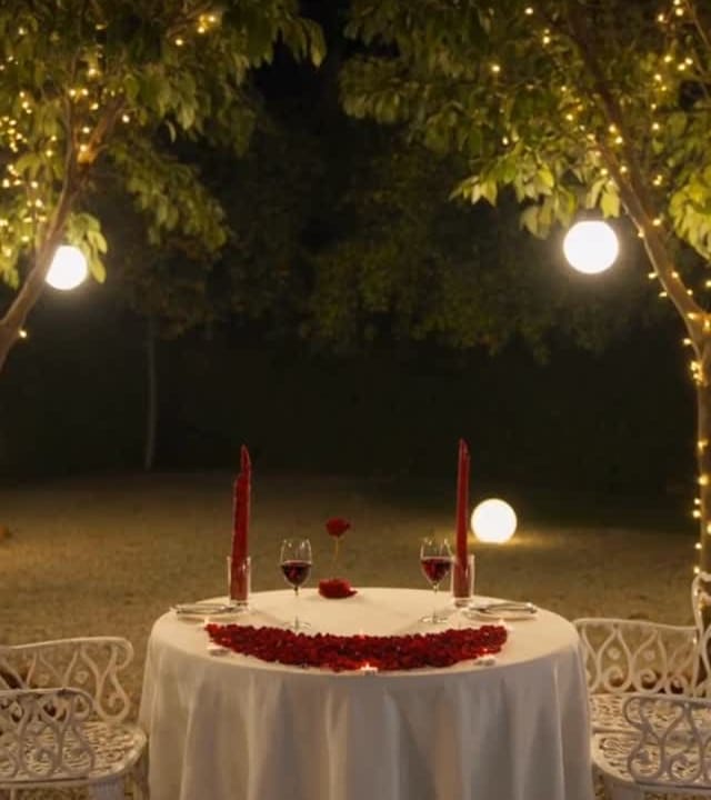 A table for two set with rose petals, red candles and fairy lights on the lawn