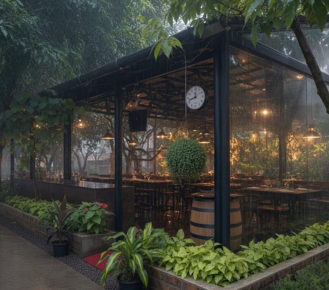The glass pavilion on a rainy evening, lamps glowing inside among potted plants