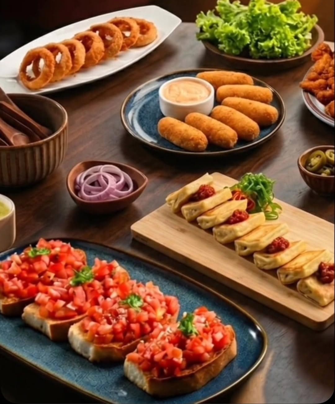 A spread of bruschetta, onion rings and croquettes on the table