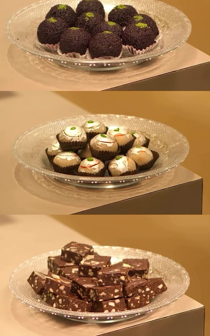 Plates of motichoor, kaju silver balls and kaju fudge