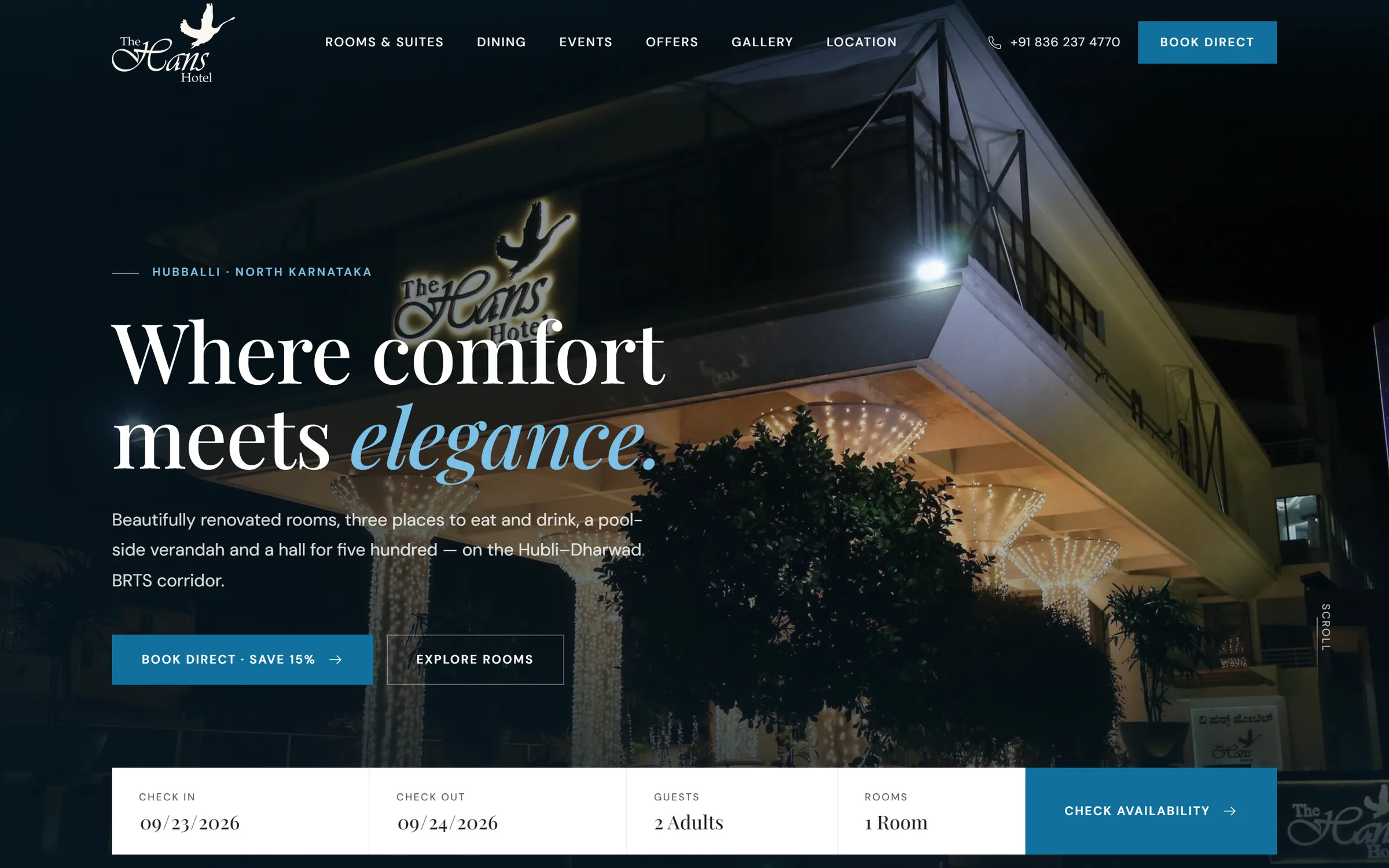 The Hans Hotel website on desktop