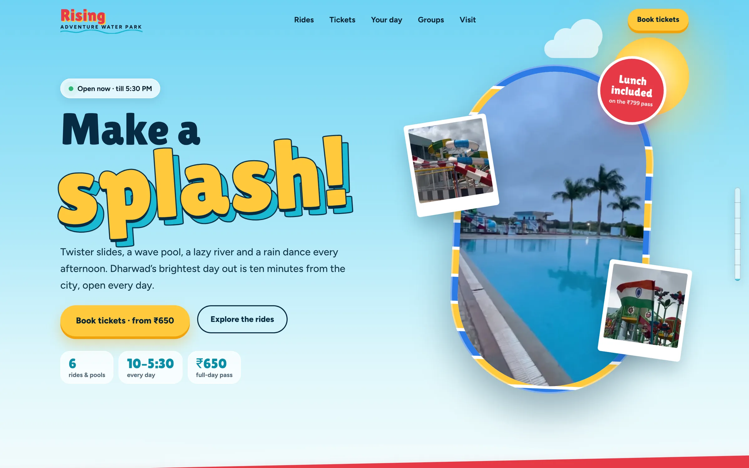 Rising Adventure Water Park website on desktop