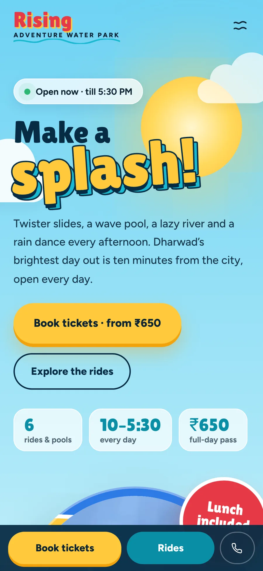Rising Adventure Water Park website on mobile